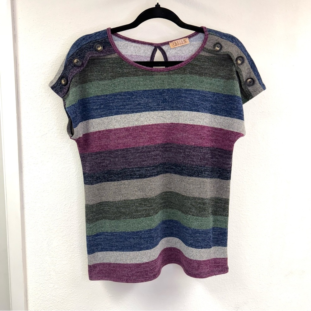 Lavish striped button shoulder top with drop sleeves, size medium